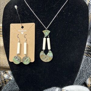 Green and Cream Necklace with Heart Pendant and Tassels